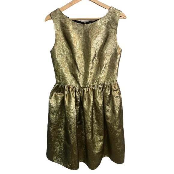 Johanna Johnson Metallic Fit & Flare Dress Gold 6 Party Cocktail Holiday NYE - Picture 2 of 10
